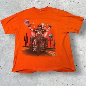Vtg Johnny’s Route 69 Biker Pinup T-Shirt Orange Sz XL Motorcycle Chopper Moon